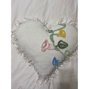 Chenille Heart Pillow Vintage Look Chenille Flowers Fringe Shabby Cottage Granny